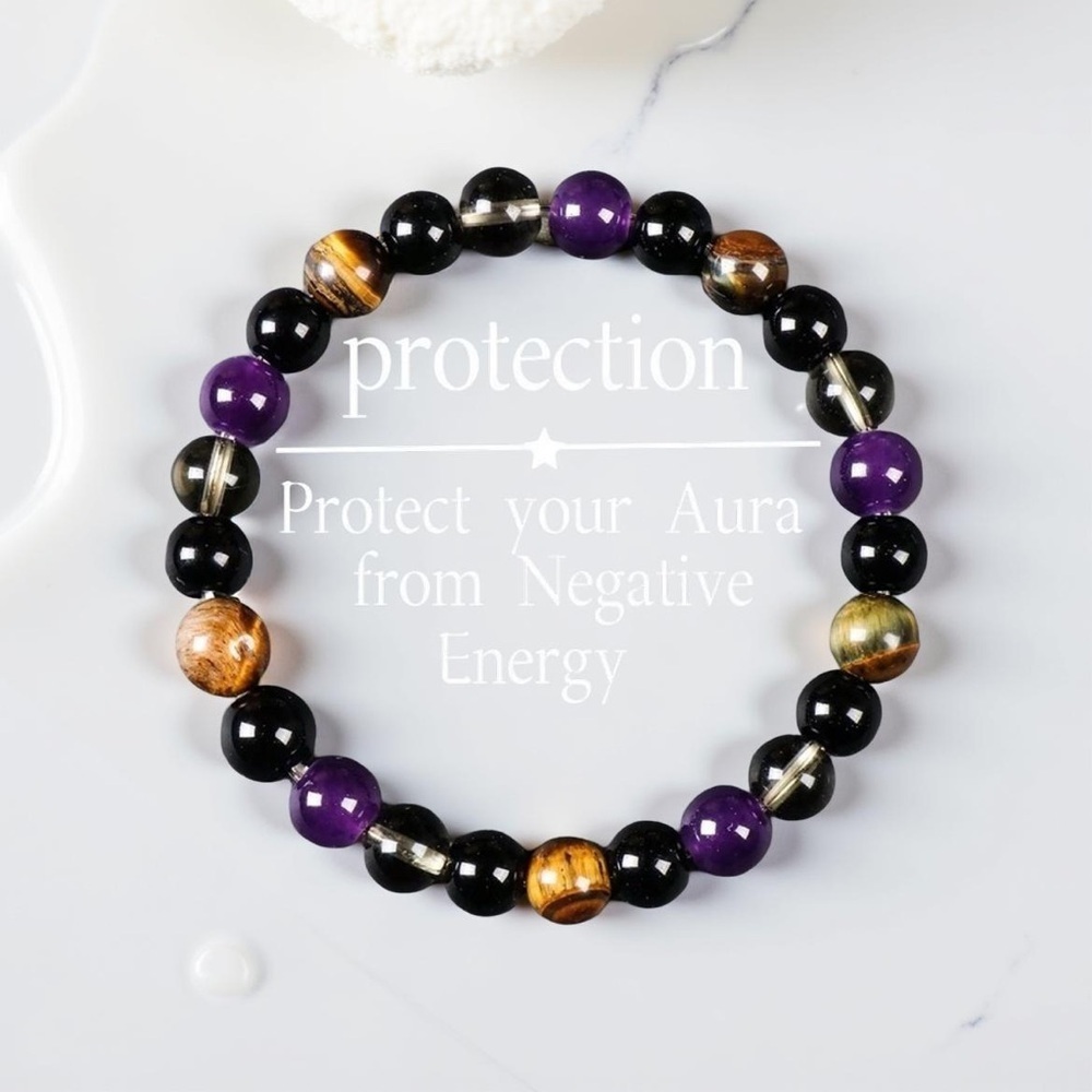 Natural Tiger Eye & Amethyst Beaded Bracelet, Stretchy Healing Crystal Bracelet